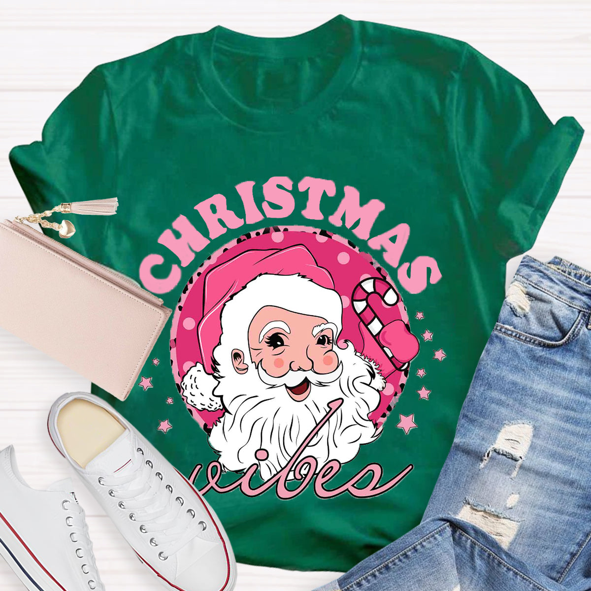 Christmas Vibes Pink Santa Claus T-Shirt