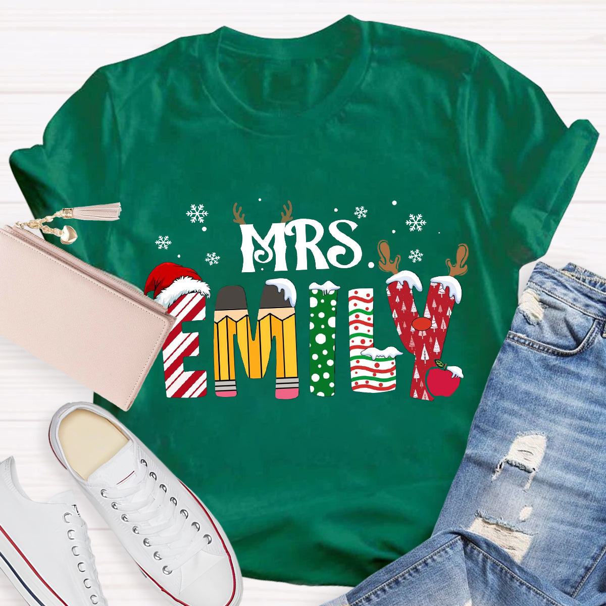 Personalized Name Christmas Teacher Emily T-Shirt