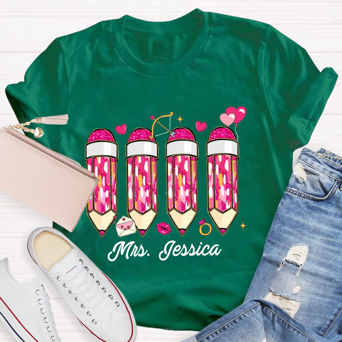 Personalized Name Pink Pencil Teacher T-Shirt