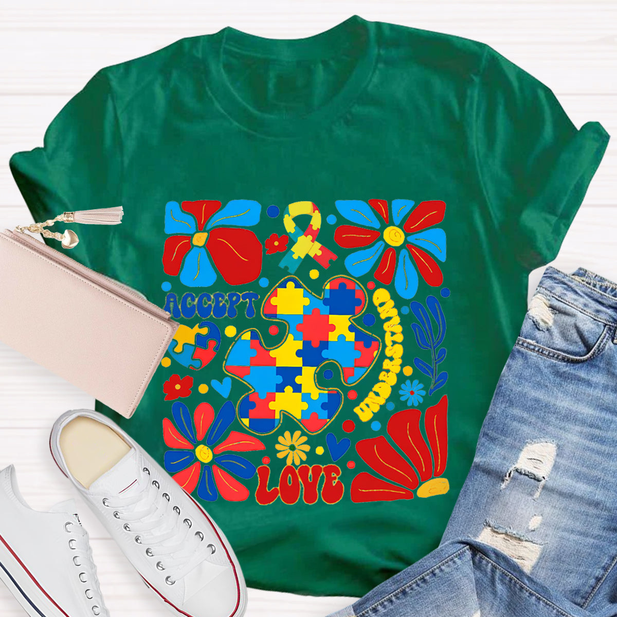 Accept Love Autism Floral T-Shirt