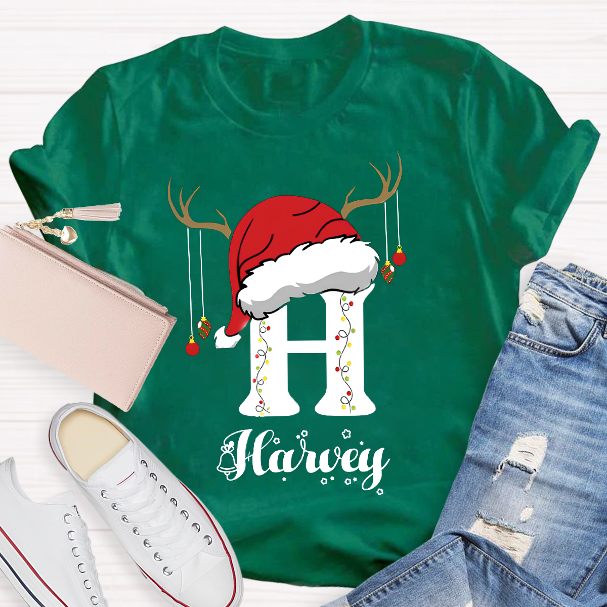 Personalized Name Santa Hat Teacher T-Shirt