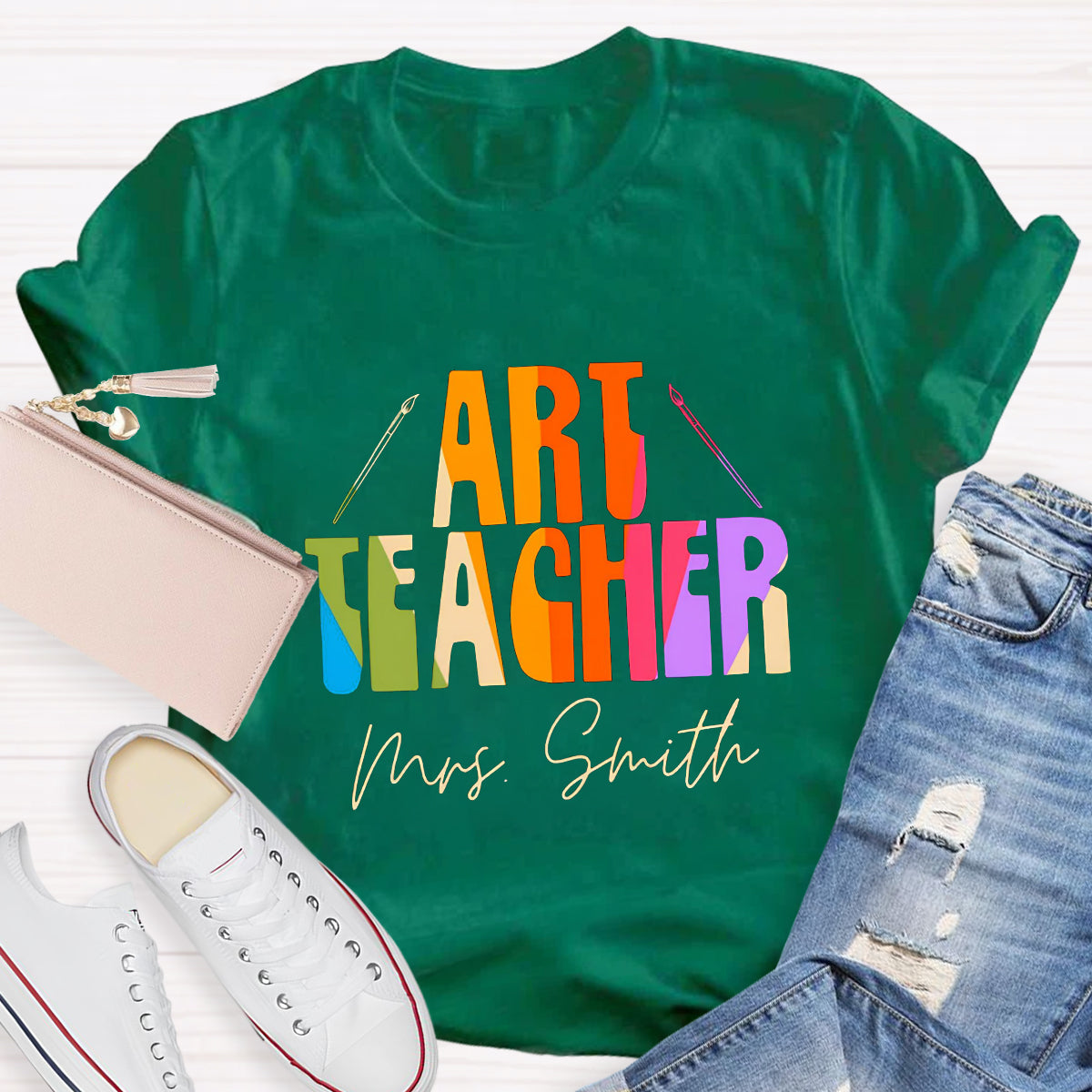 Personalized Name And Art Simple Color Teacher T-Shirt