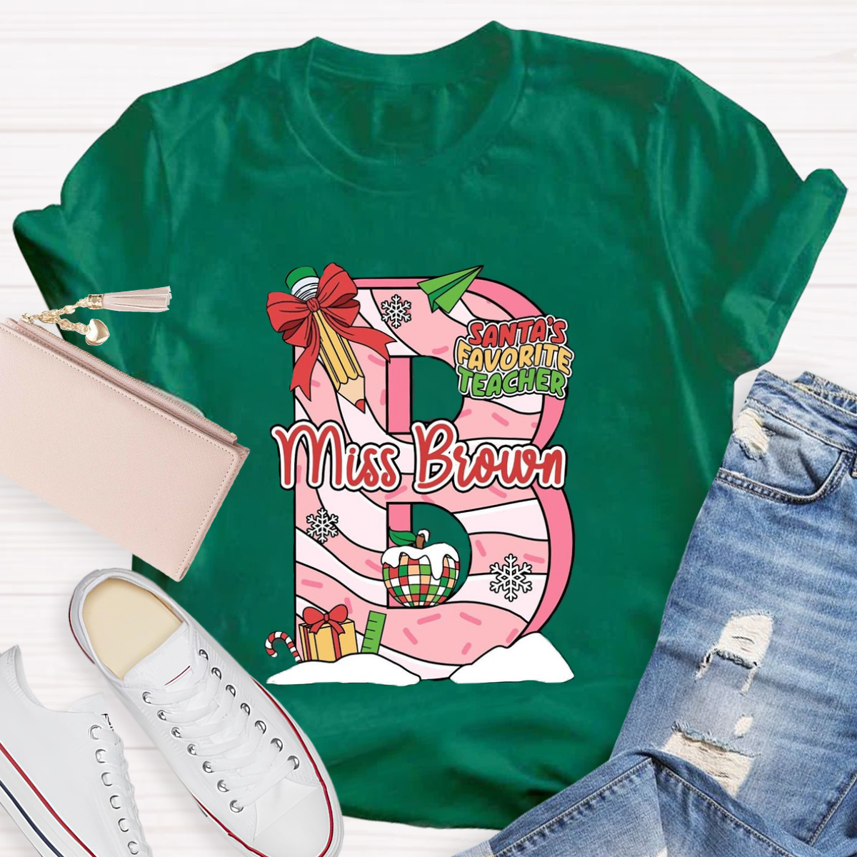 Personalized Name Santa's Favorite Teacher T-Shirt