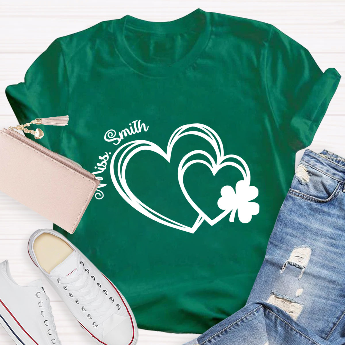 Personalized Name Heart Shamrock Teacher T-Shirt