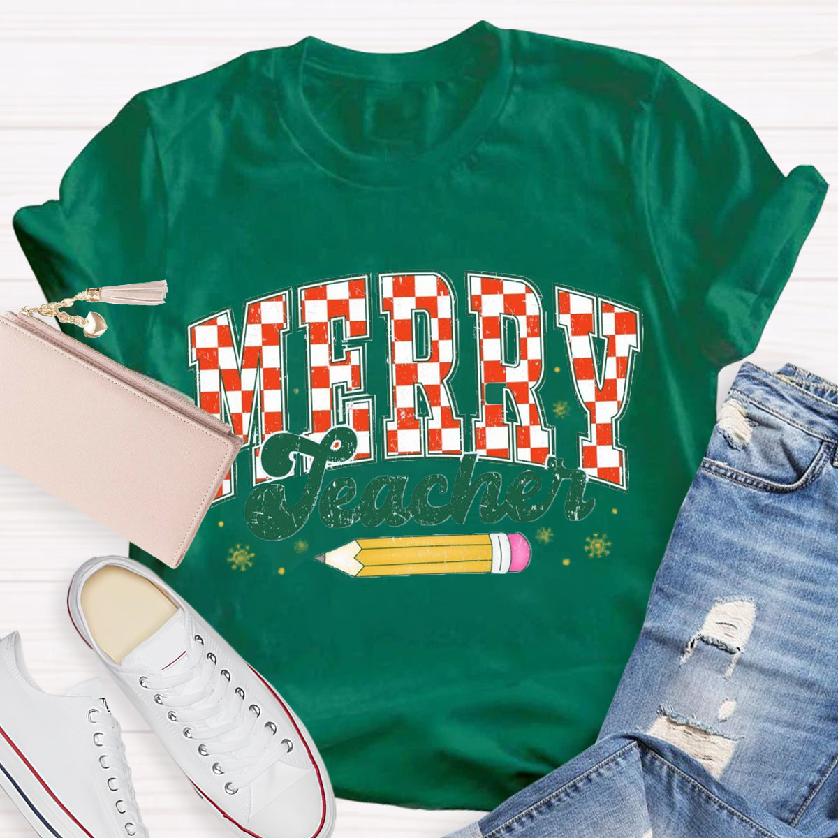 Merry Teacher Plaid Pencil T-Shirt