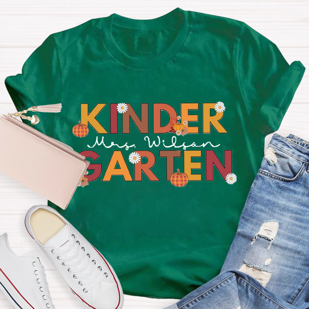 Personalized Name Fall Thanksgiving Kindergarten Teacher T-Shirt