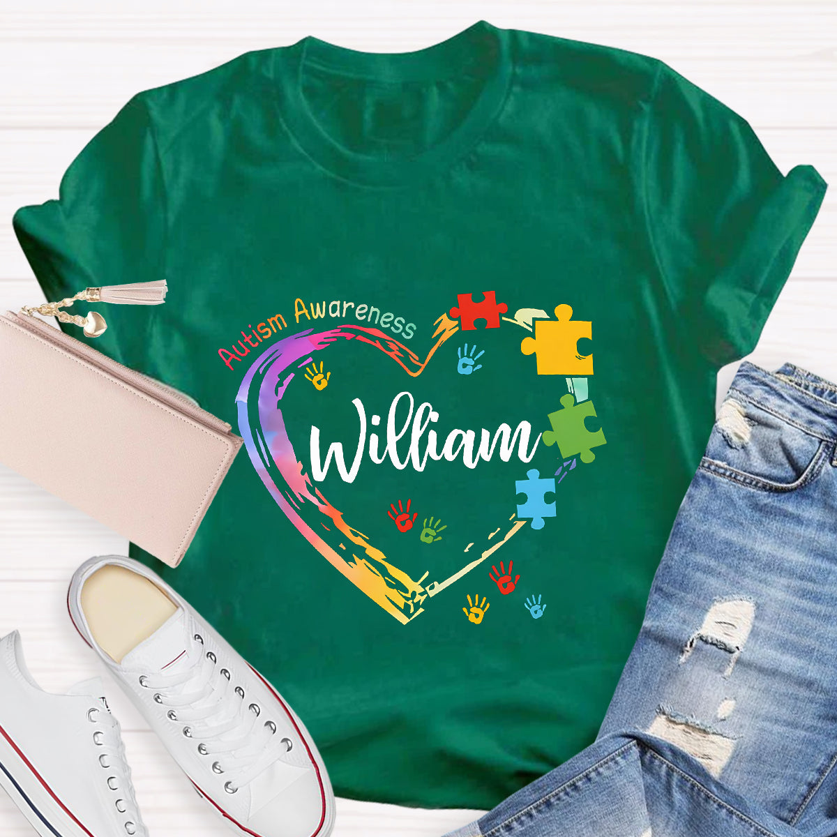 Personalized Name Autism Colorful Heart Teacher T-Shirt