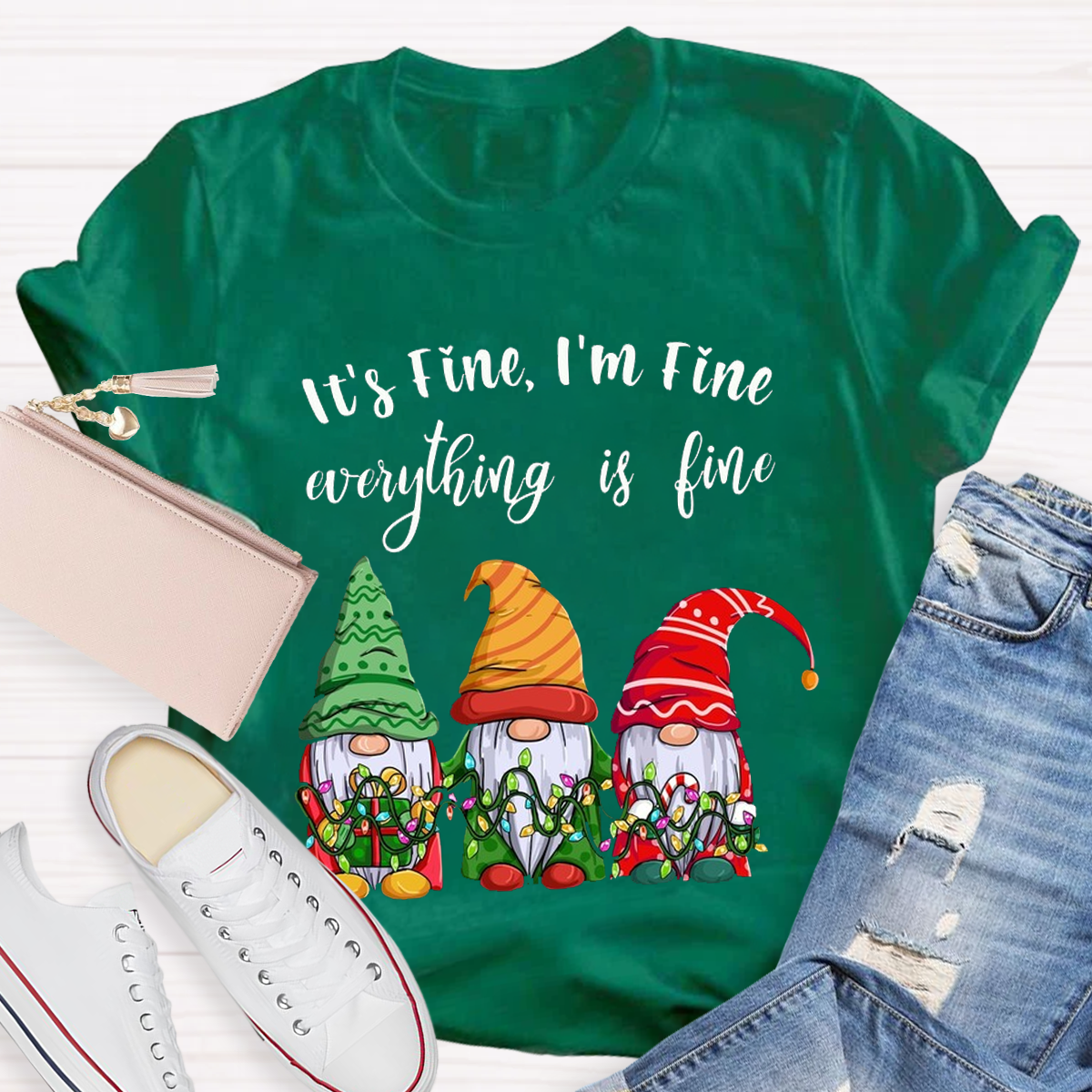 It's Fine I'm Fine Everything Is Fine Gnome Christmas Teacher T-Shirt