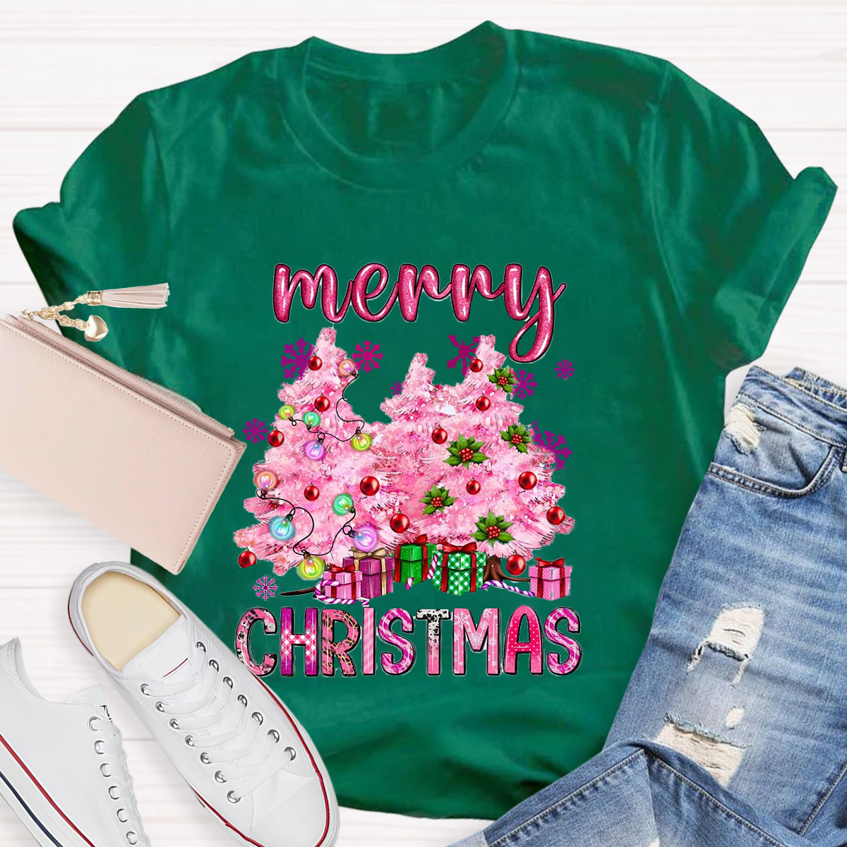 Pink Tree Christmas Teacher T-Shirt