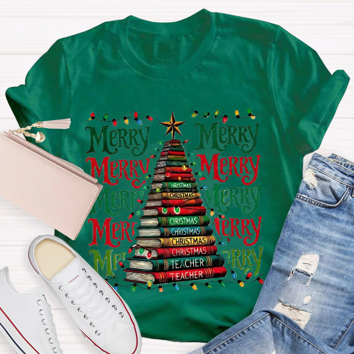 Merry Christmas Book Tree Teacher T-Shirt