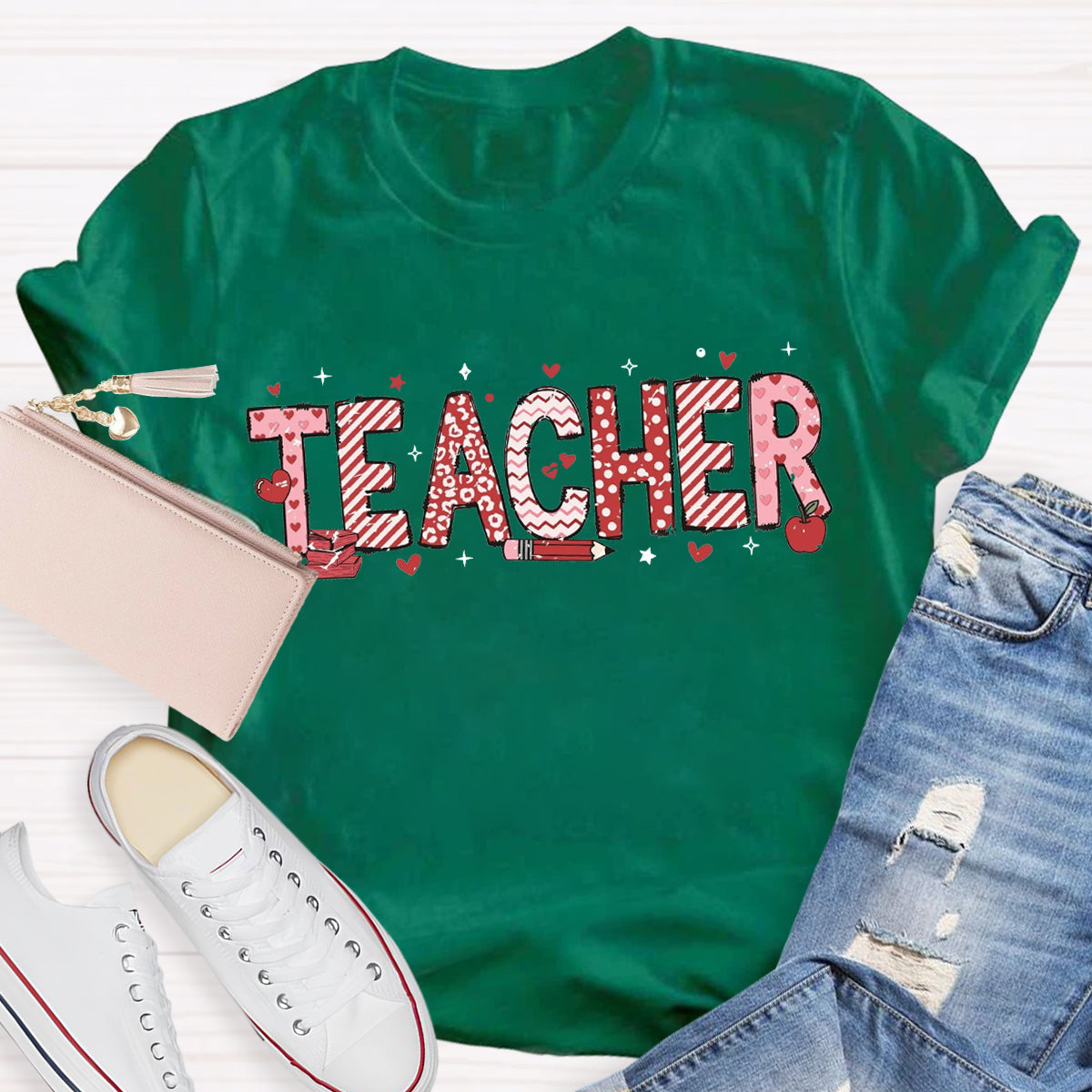 Valentine's Day Pink Heart Pencil Teacher T-Shirt