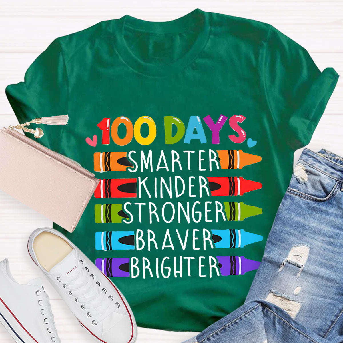 100 Days Smarter Kinder Stronger Crayon T-Shirt