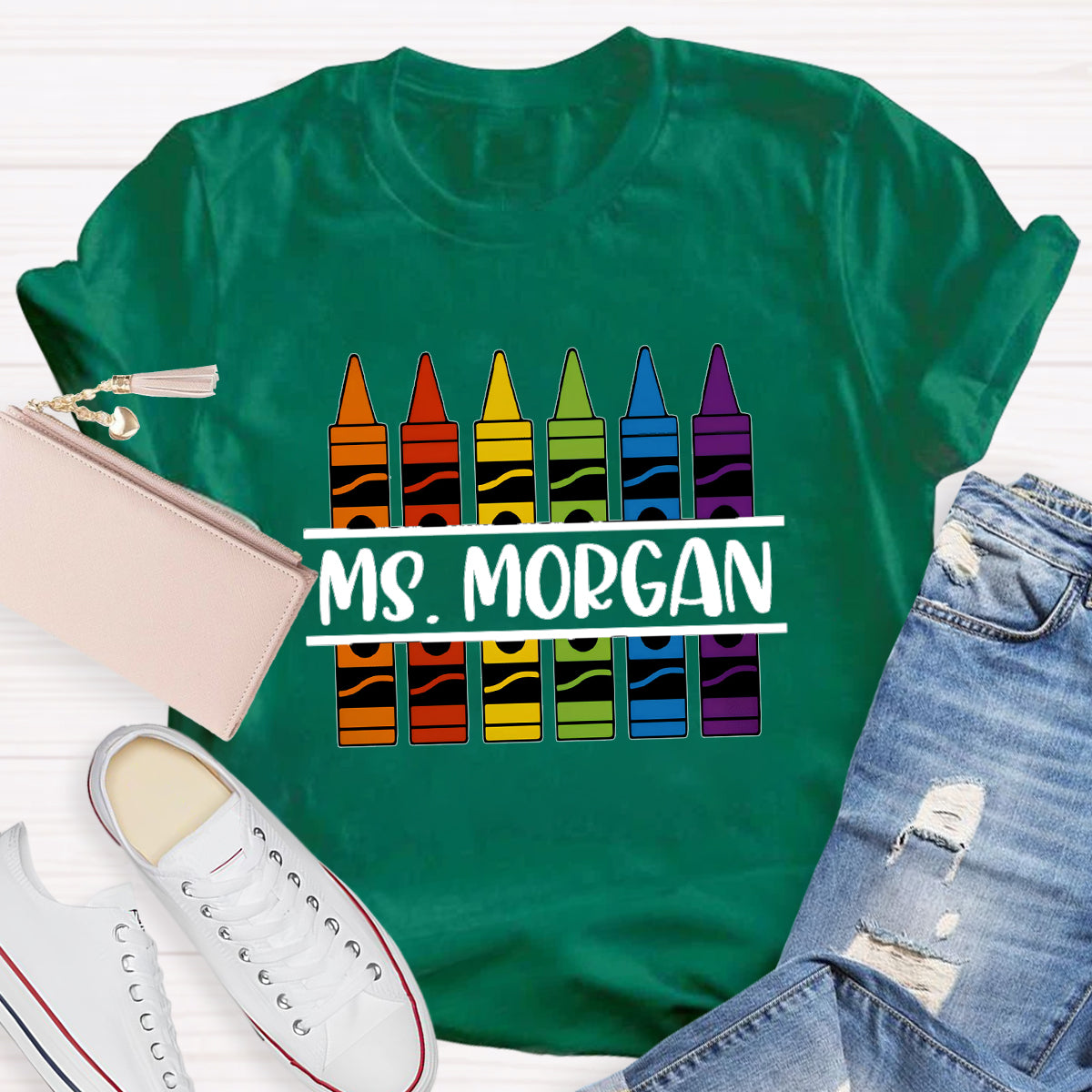 Personalized Name Crayon Printed Teacher T-shirt