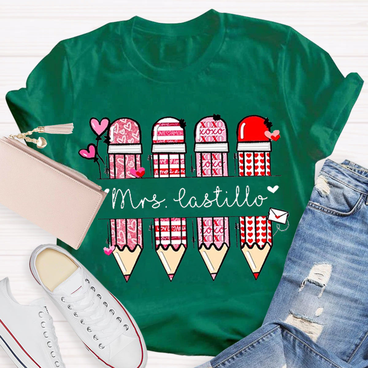 Personalized Teacher Name Pencil Valentines Day T-Shirt