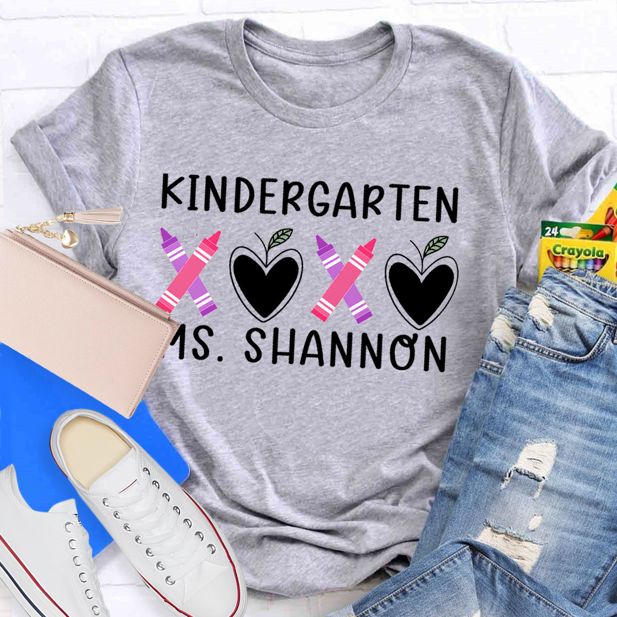 Personalized Grade And Name Pink Heart Crayon Teacher T-Shirt