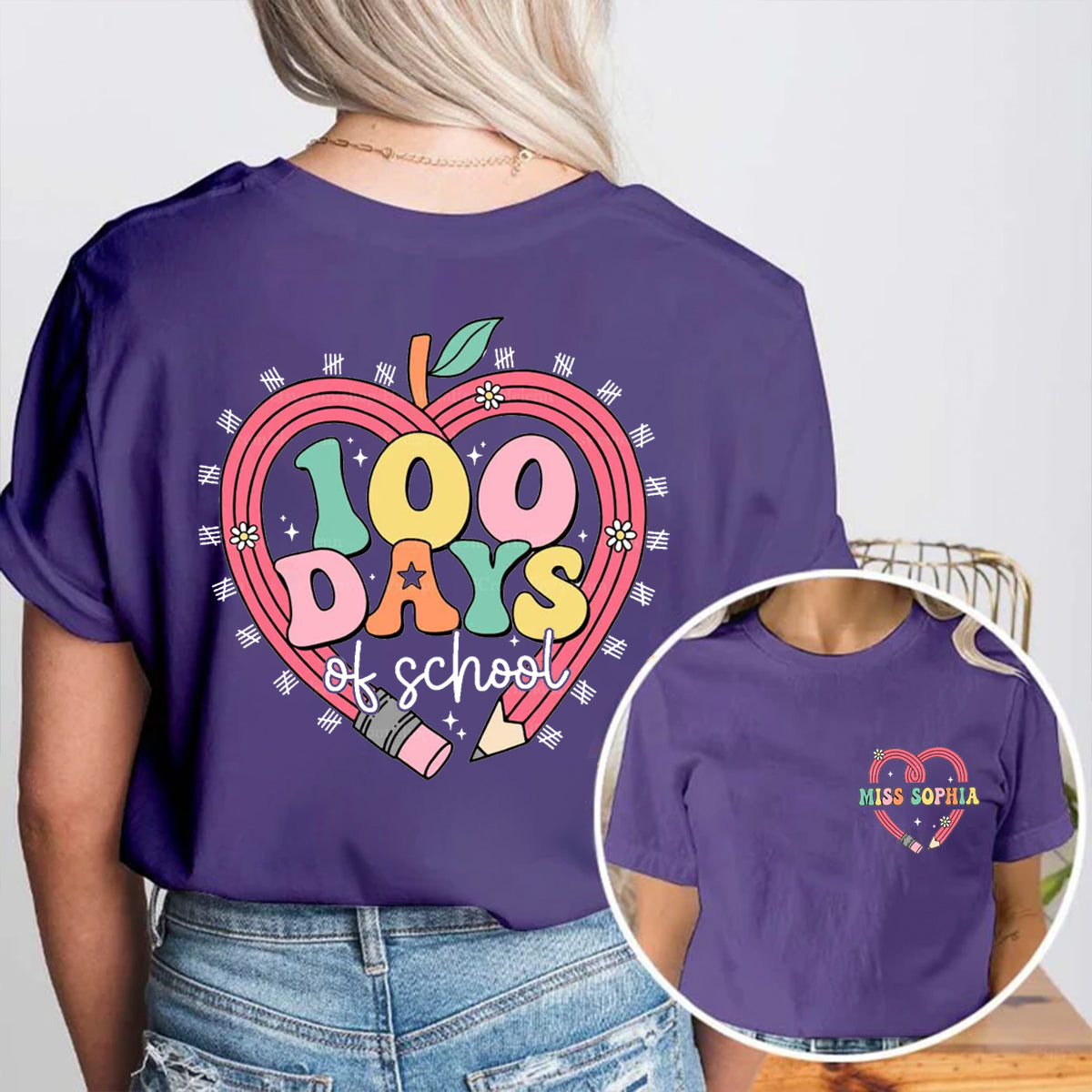 Personalized Name 100 Days Of School Pencil Heart Double Printed T-shirt