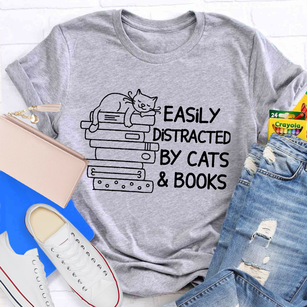 Easily Distracted By Cats And Books Teacher T-Shirt