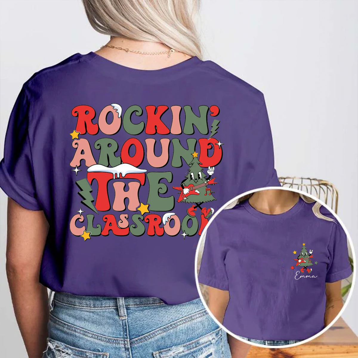 Personalized Name Rockin' Around The Classroom Double Printed T-shirt