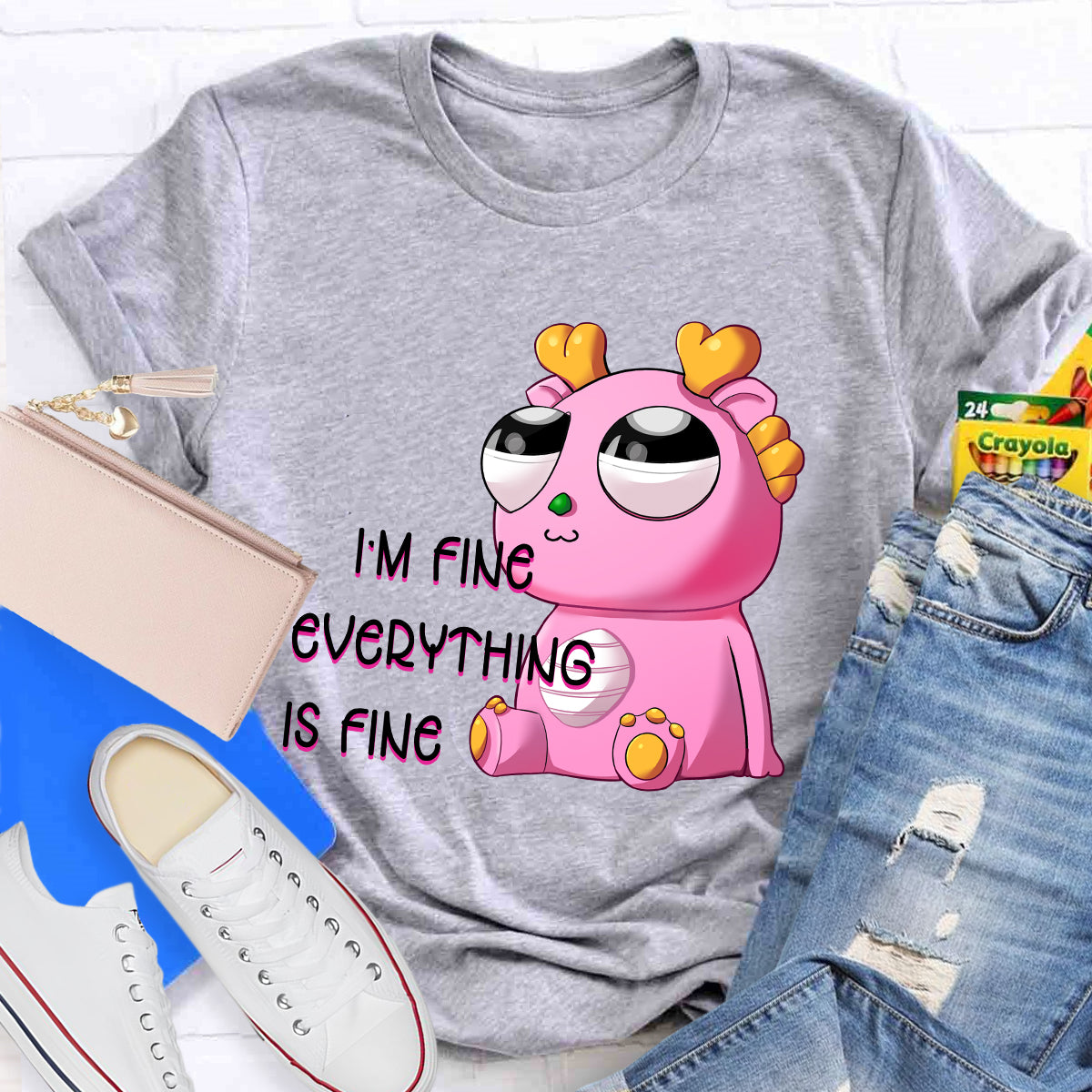 I'm Fine Everything is Fine  Pink Big Eyes Dragon T-Shirt