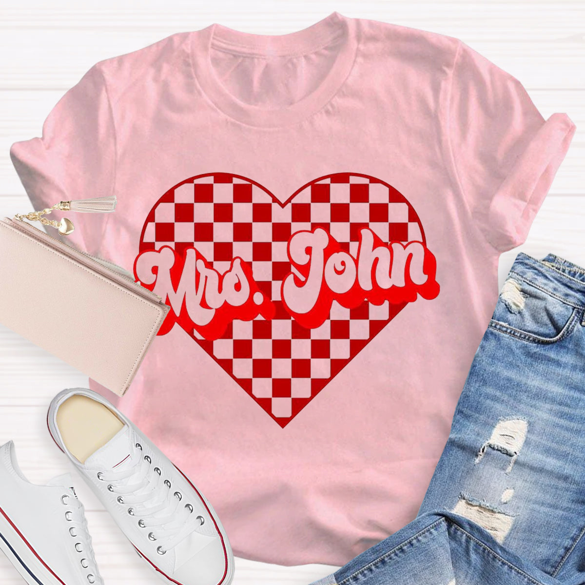 Personalized Name Heart Mrs John Teacher T-Shirt