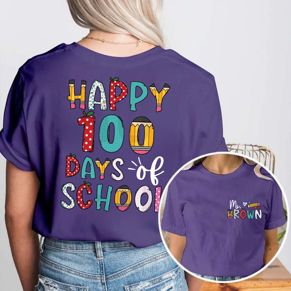 Personalized Name Happy 100 Days Of School Double Printed T-shirt