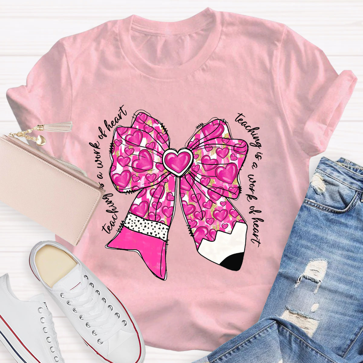 Teaching Is A Work Of Heart Pink Bow Teacher T-Shirt