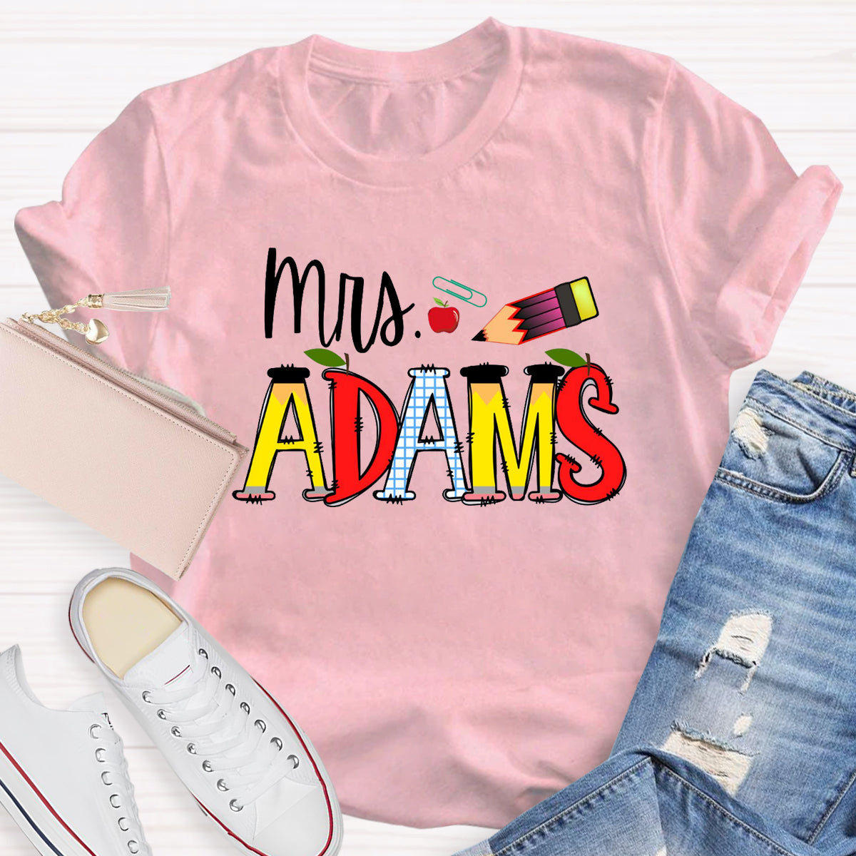 Personalized Teacher Name Apple Pencil T-Shirt