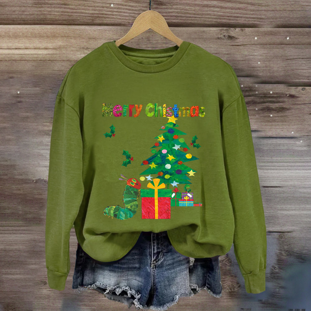 Merry Christmas Caterpillar Crawling Towards Christmas Tree Sweatshirt