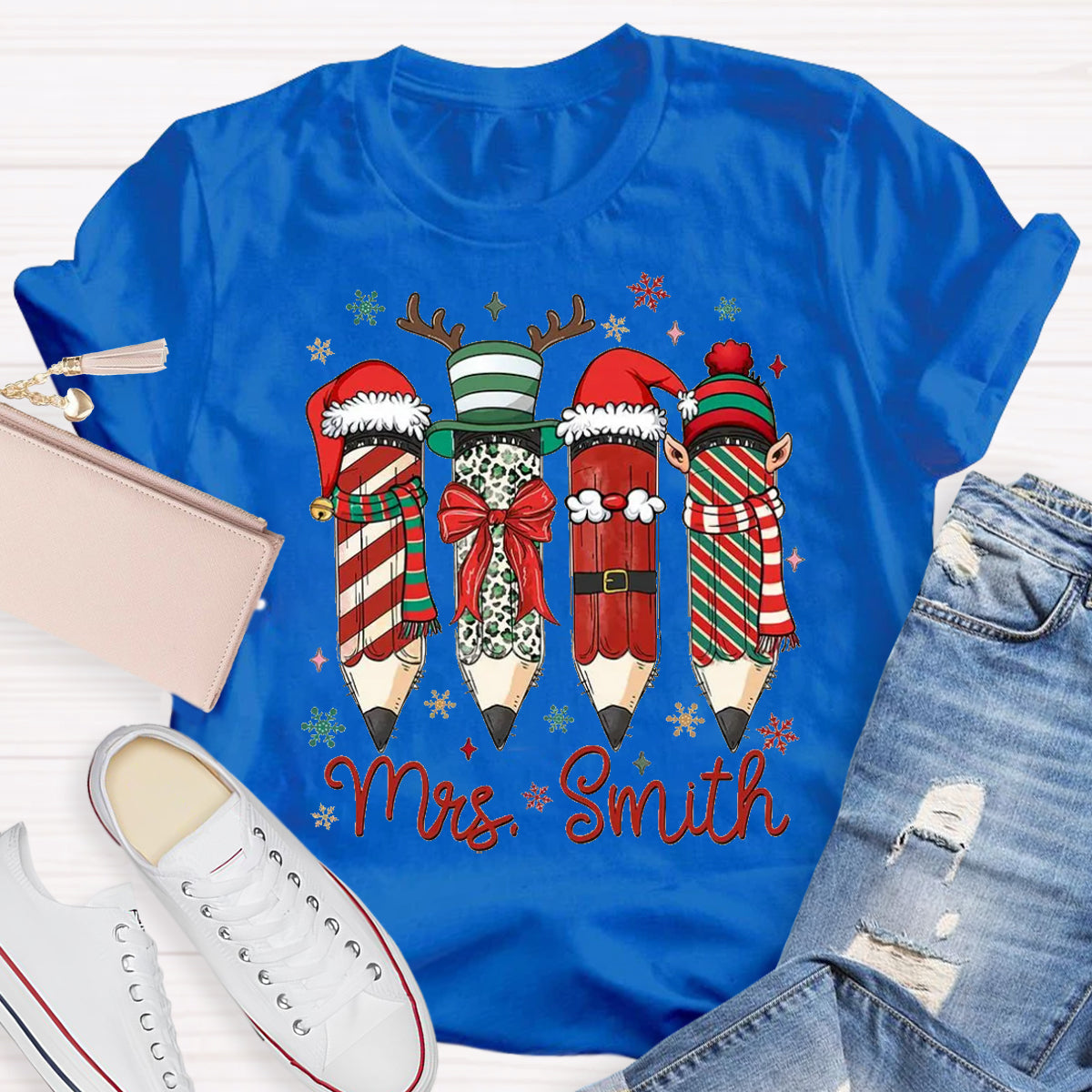 Personalized Name Cute Christmas Pencil Teacher T-Shirt