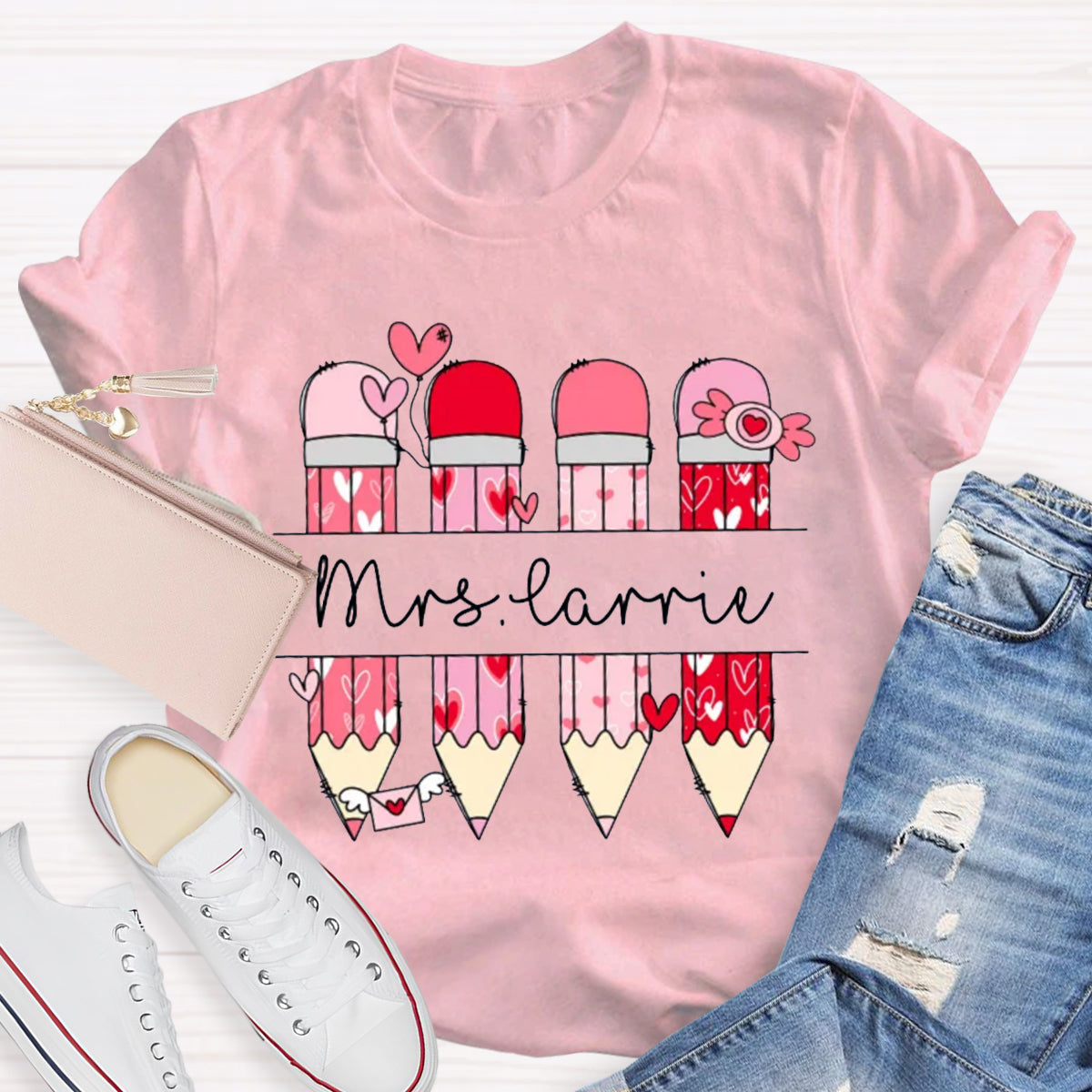 Personalized Name Valentine's Day Pink Pencil Teacher T-Shirt