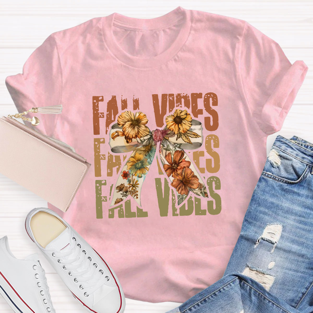 Bow Flowers Thanksgiving Autumn Fall Vibes T-Shirt