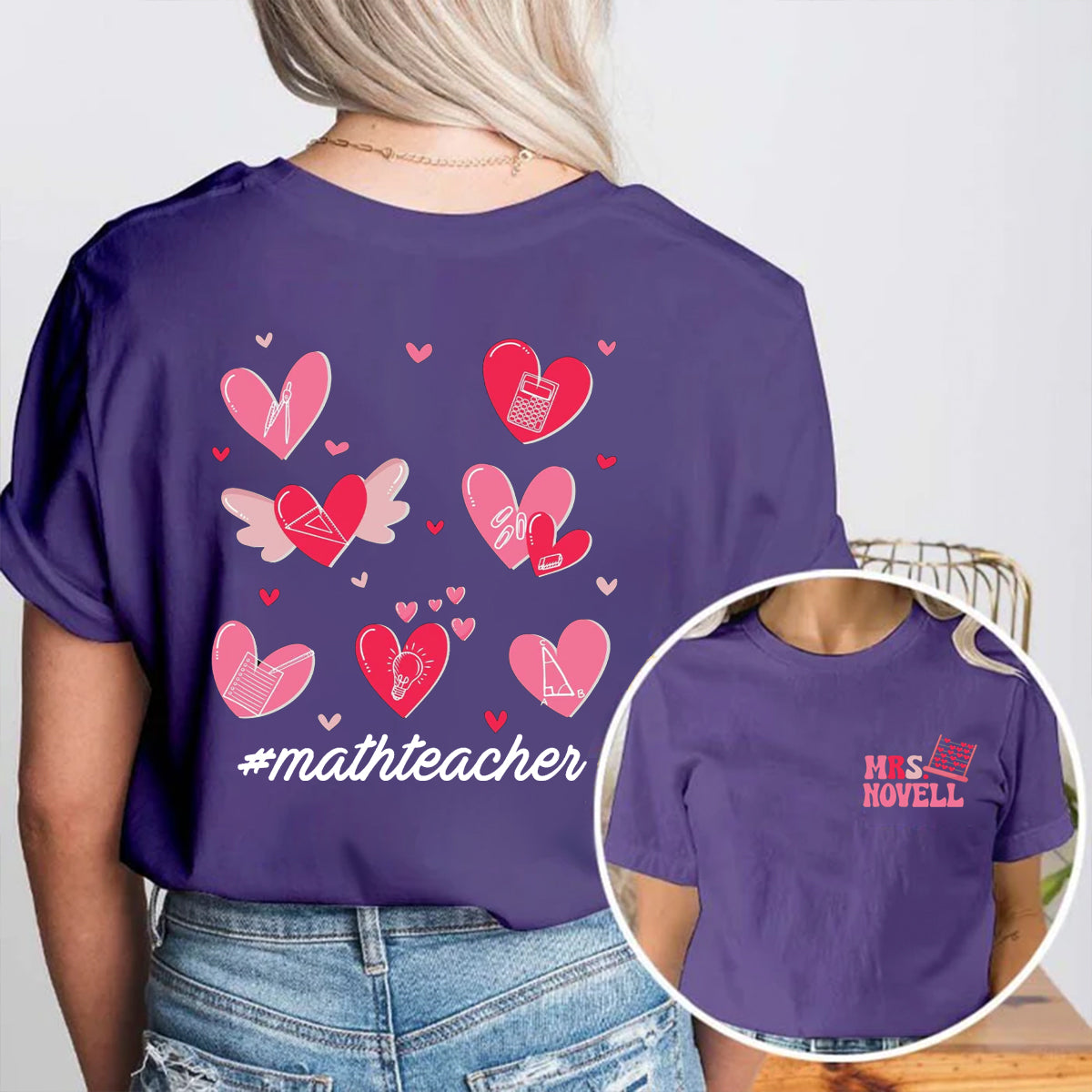 Personalized Name And Subject Pink Heart Double Printed T-shirt