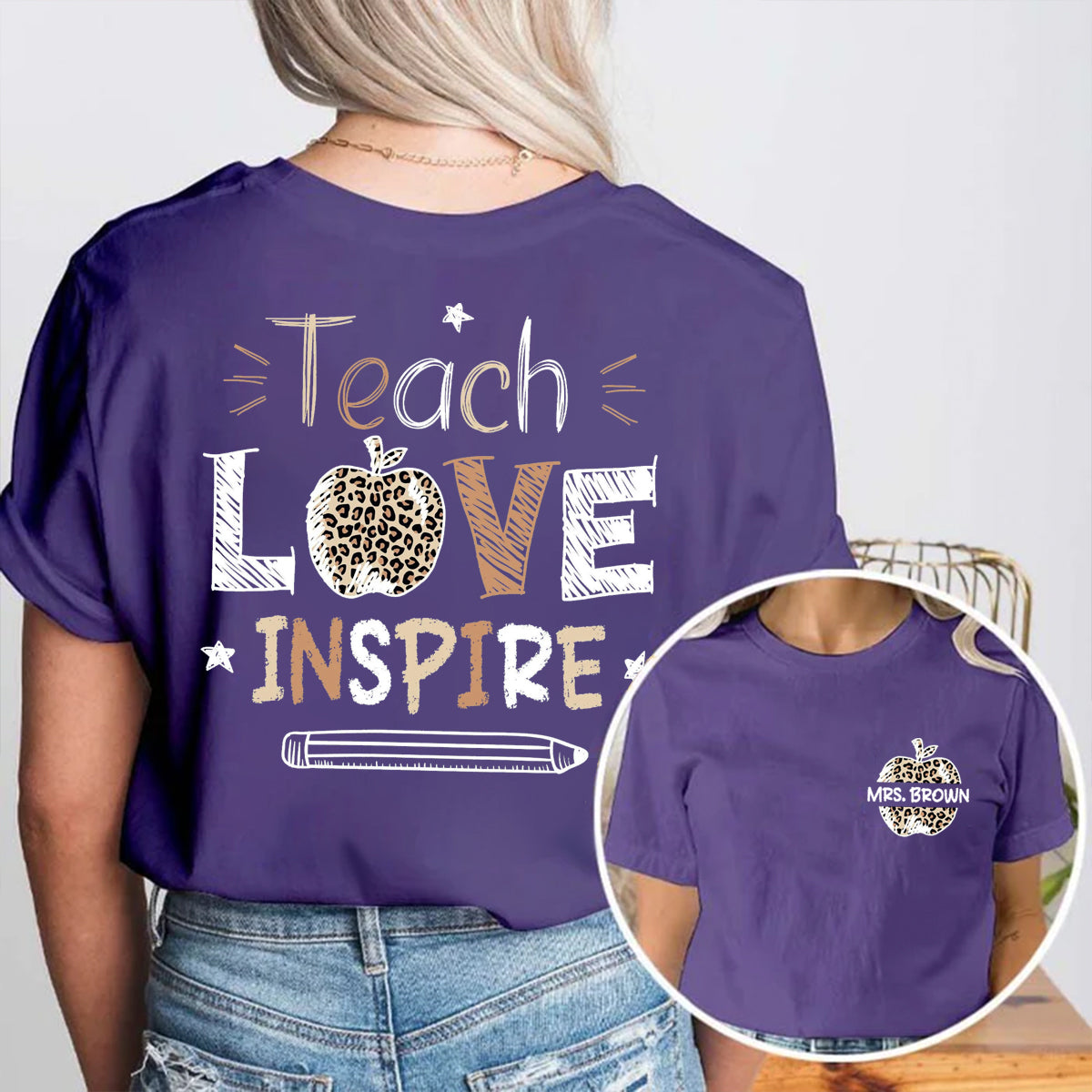 Personalized Name Teach Love Inspire Leopard Apple  Double Printed T-shirt