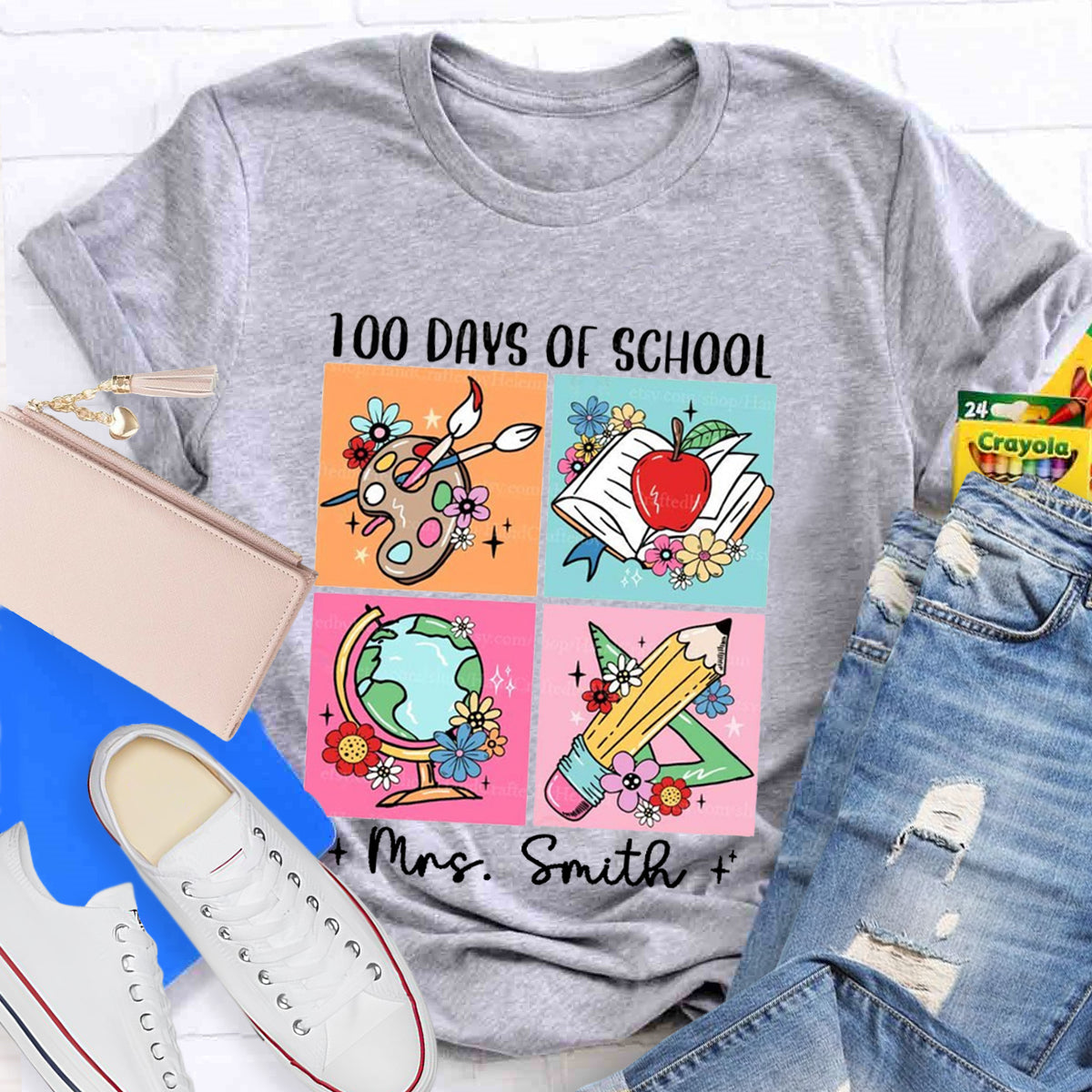 Personalized Name 100 Days Of School Pencil Apple T-Shirt