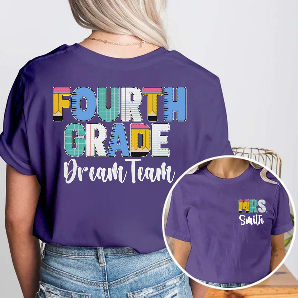 Personalized Grade And Name Double Colorful Pencil Printed T-shirt