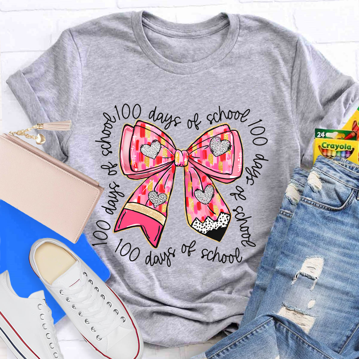 100 Days Of School Teacher Pink Bow T-Shirt