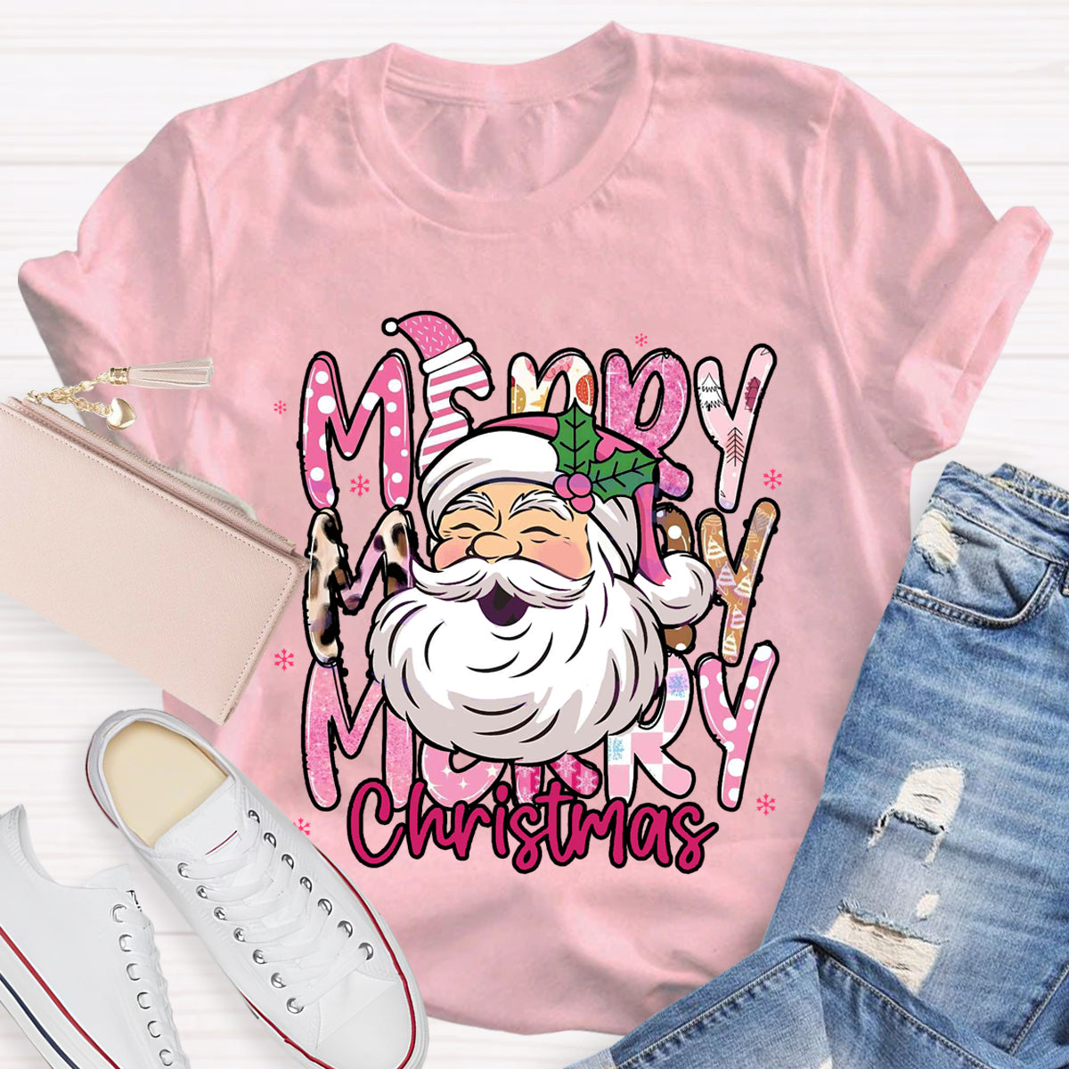 Pink Santa Claus Merry Christmas Teacher T-Shirt