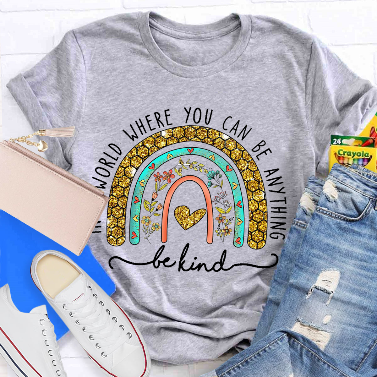 In A World Where You Can Be Anything Be Kind Floral Rainbow T-Shirt