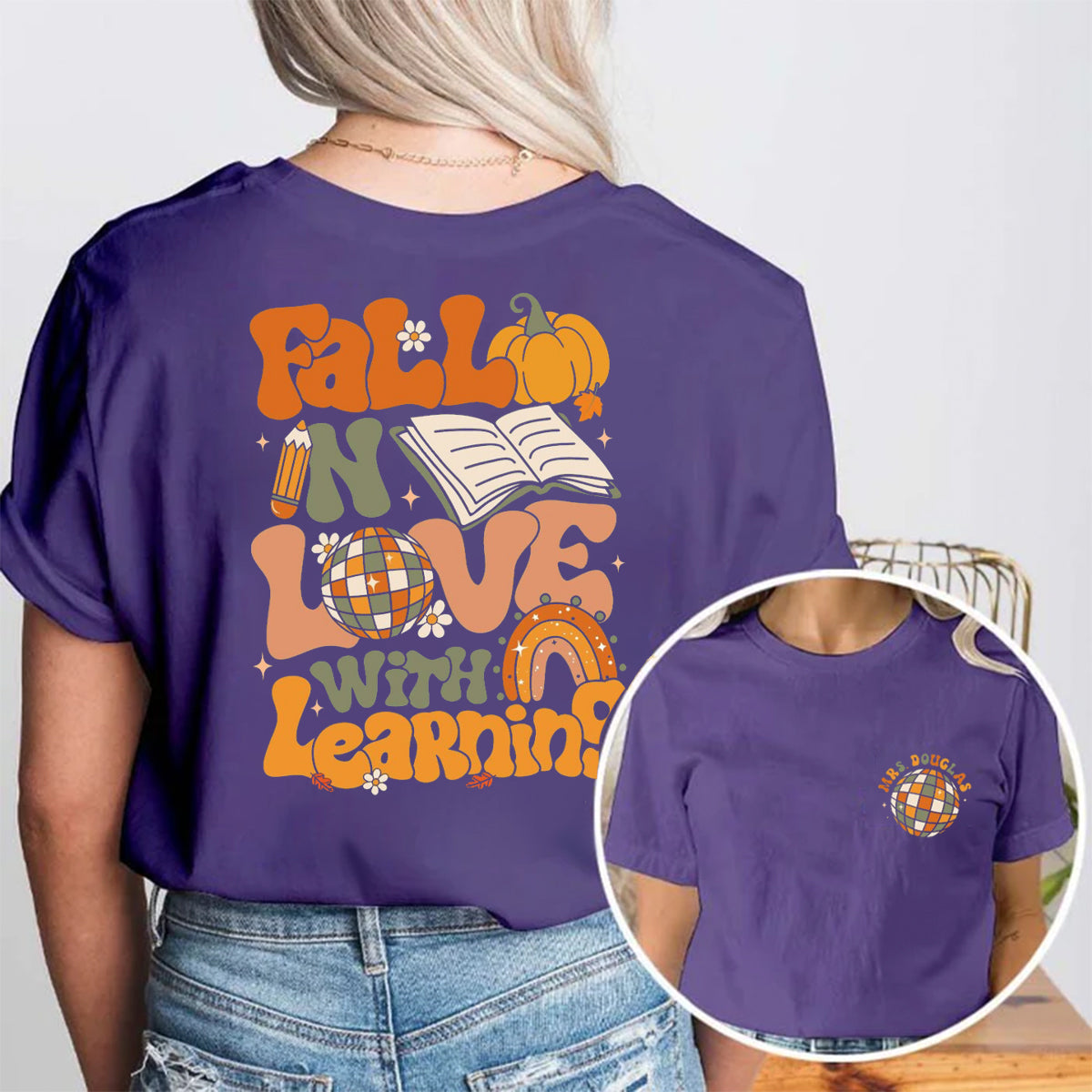 Personalized Name Fall In Love With Learning Double Printed T-shirt