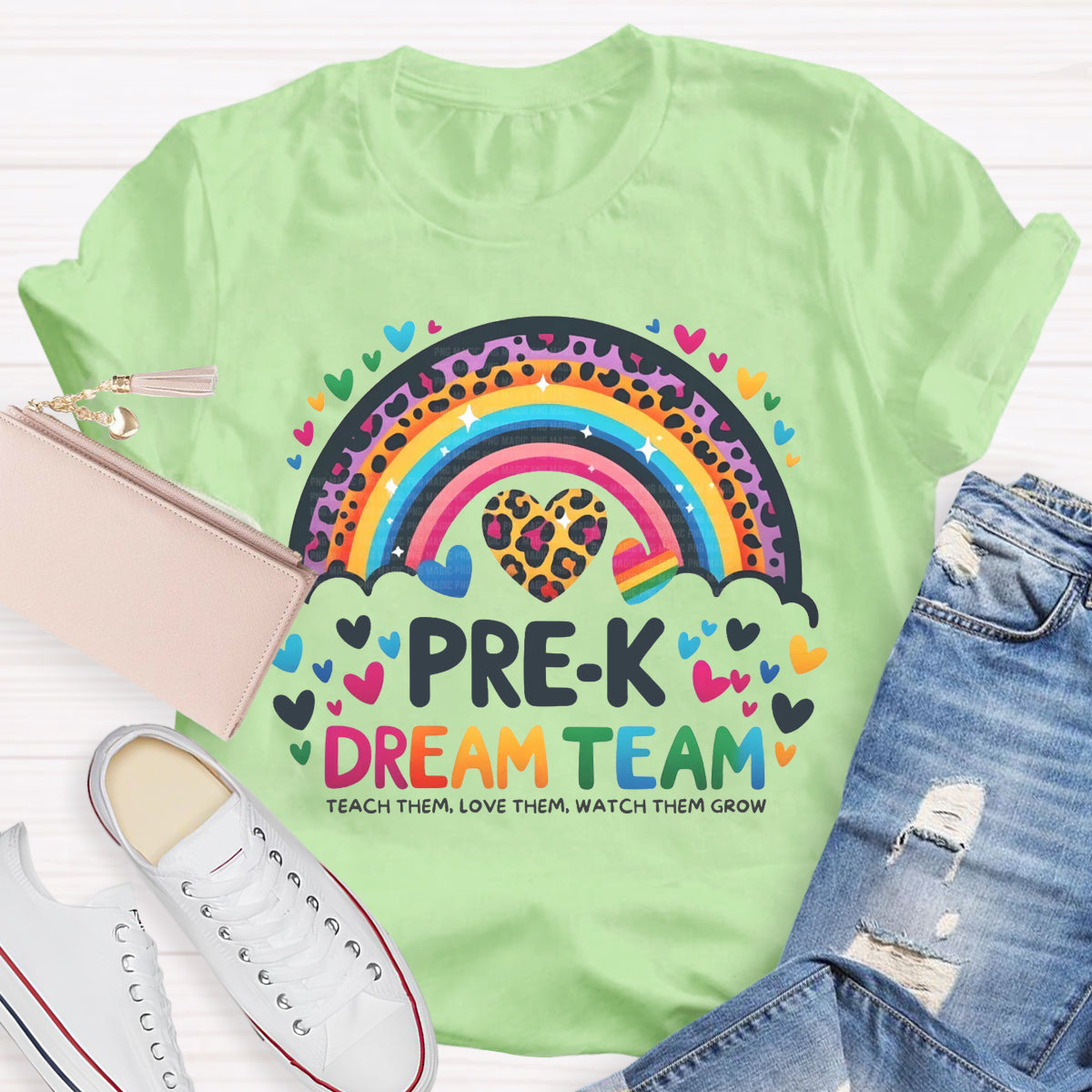 Personalized Grade Pre-K Dream Team Leopard Rainbow Teacher T-Shirt