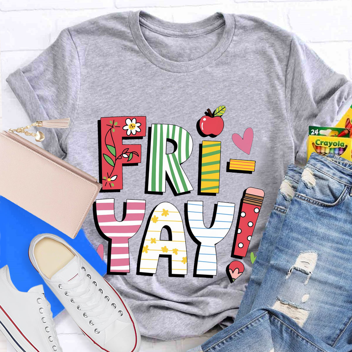 Fri-yay Floral Apple Pencil Teacher T-Shirt