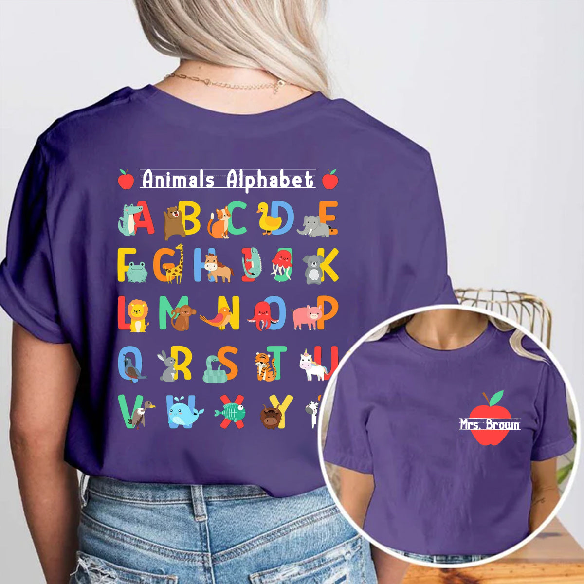 Personalized Name Animals Alphabet Double Printed T-shirt