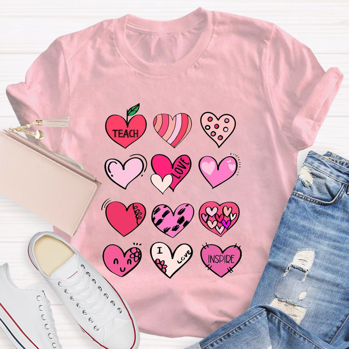 Cartoon Hearts Teach Love Inspire Teacher T-Shirt