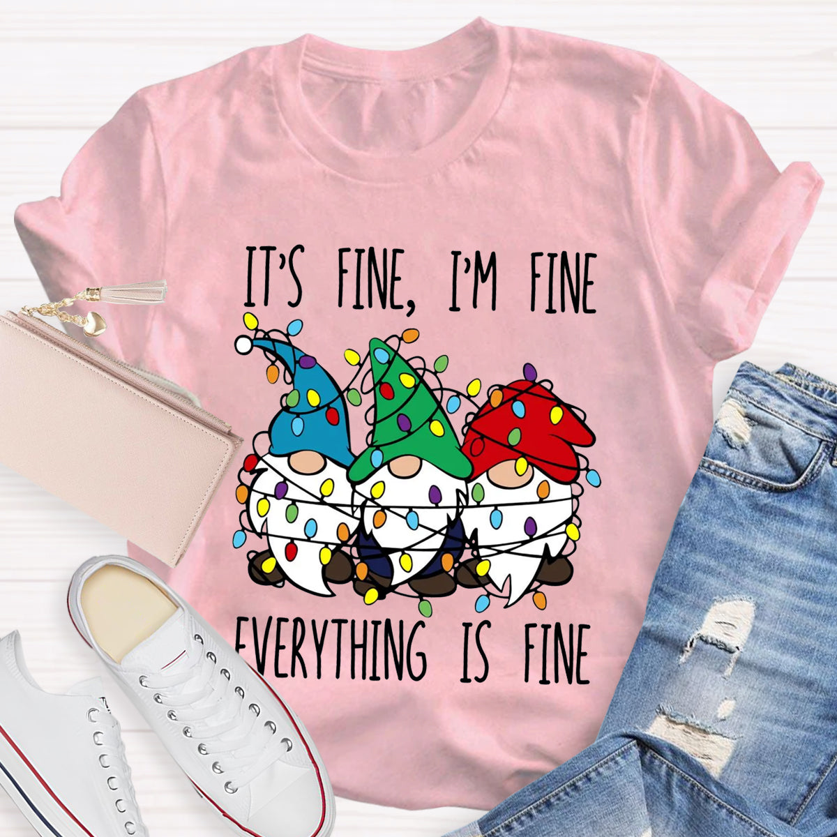 It's Fine I'M Fine Everything Is Fine Three Gnomes Christmas T-Shirt