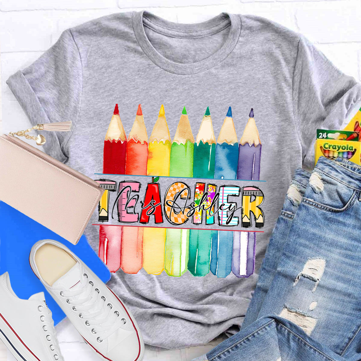 Personalized Teacher's Name Colorful Pencil T-Shirt