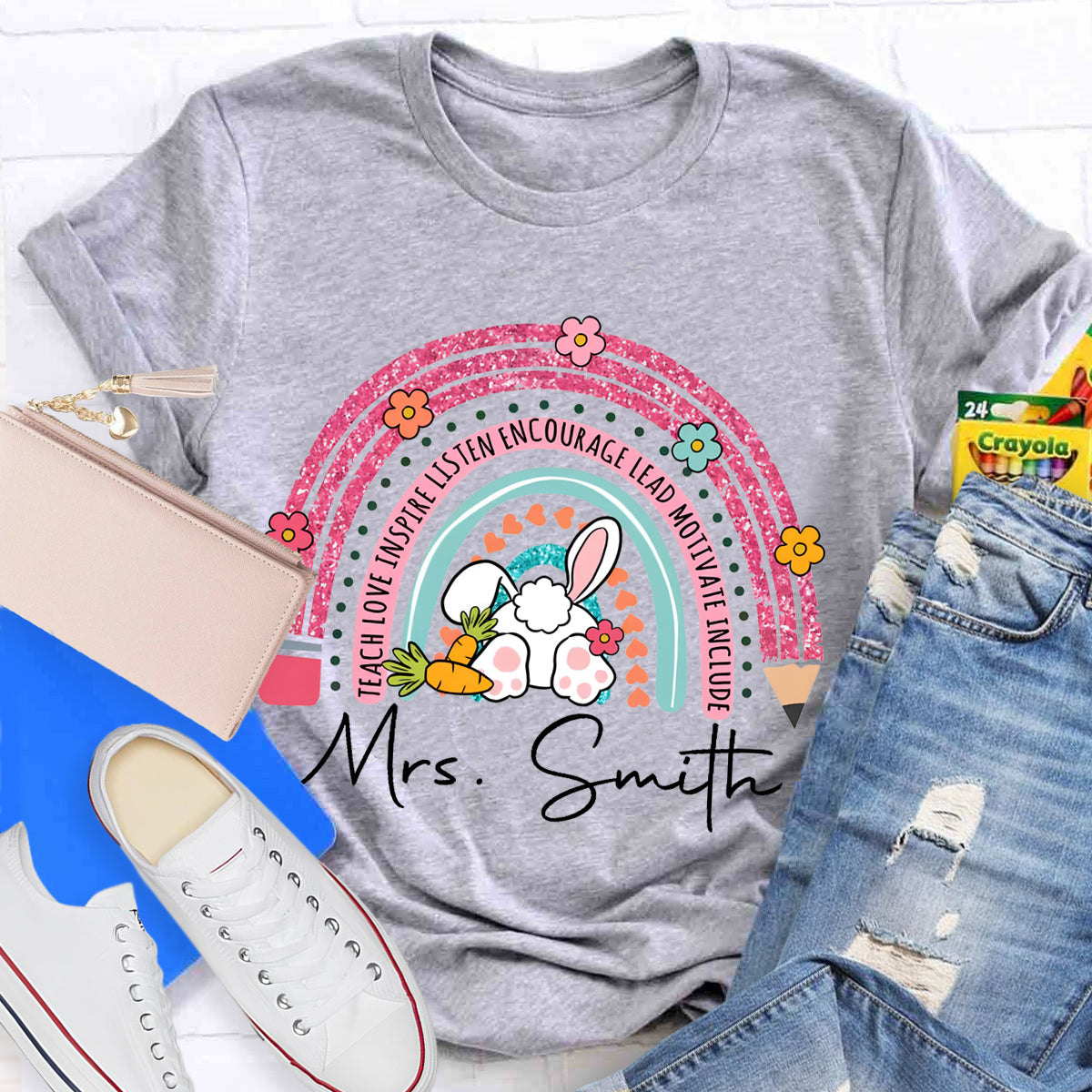 Personalized Name Easter Pink Pencil Rainbow T-Shirt