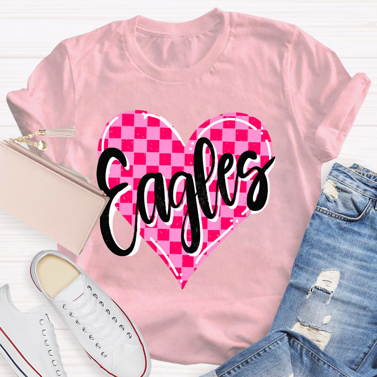 Personalized Mascot Pink Heart Teacher T-Shirt