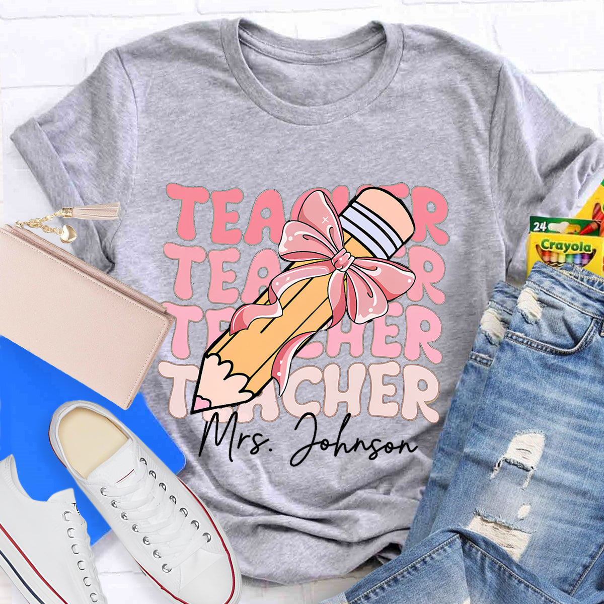 Personalized Name Pink Pencil Teacher Mrs Johnson T-Shirt