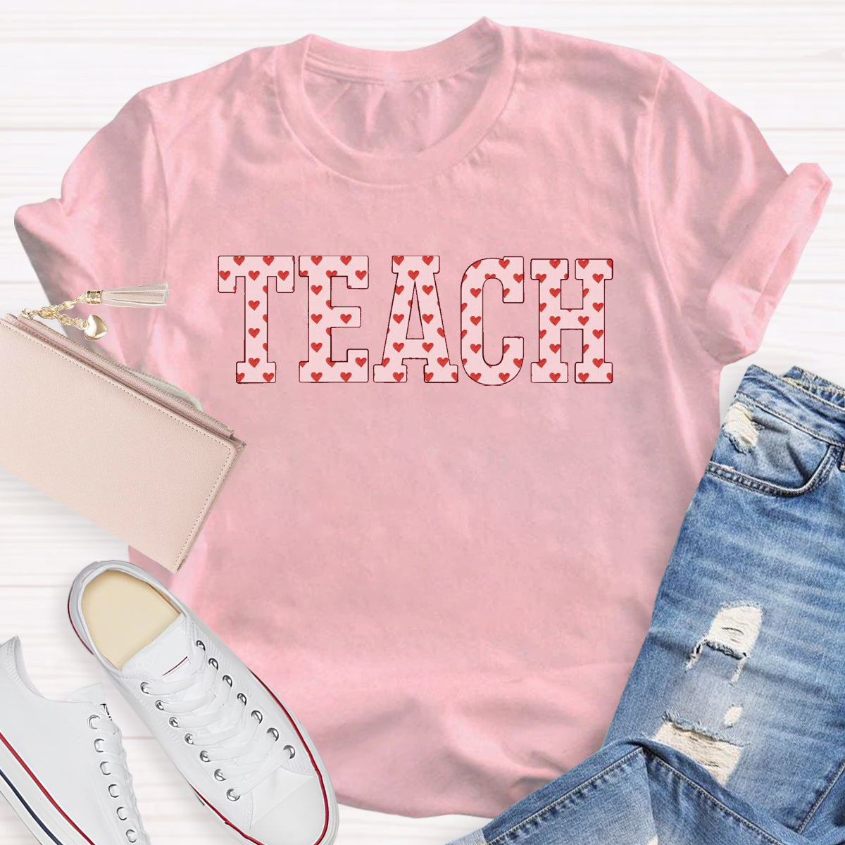 Pink Heart Teach Teacher T-Shirt