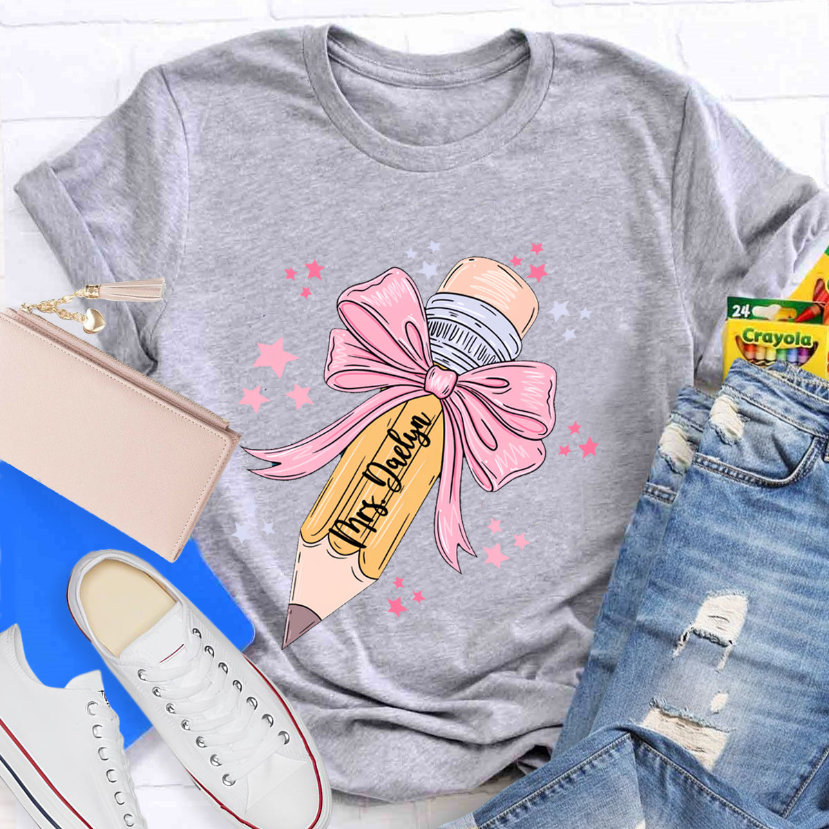 Personalized Name Pink Pencil Teacher T-Shirt